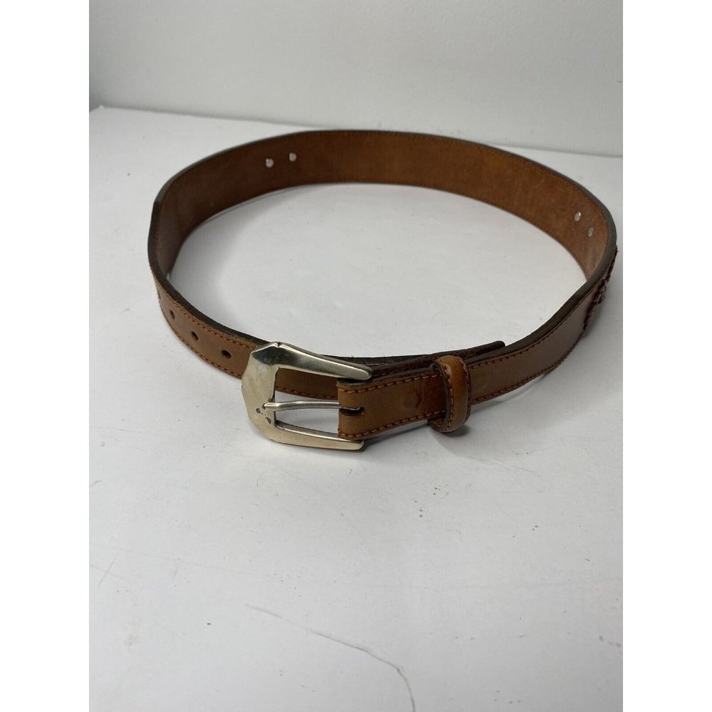 Women's Brown Leather Western Belt Braided 28 Silver Heart Concho Snap On Buckle